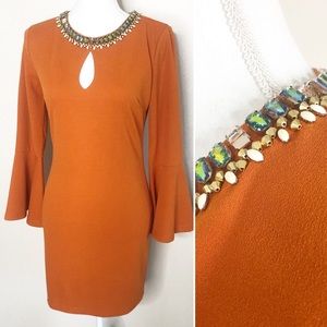 The Clothing Company MED Caramel Embroidered Neck Hole Dress